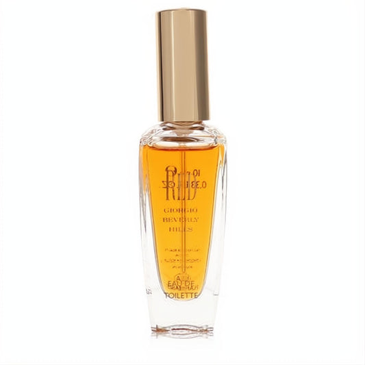 Luxurious Red by Giorgio Beverly Hills .33 oz women's EDT spray. Features a sleek clear bottle, elegant gold cap, and vibrant amber liquid.