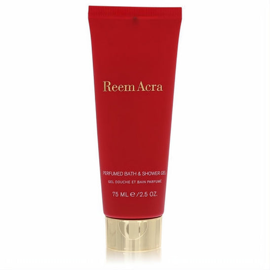 Vibrant red Reem Acra 2.5 oz perfumed shower gel tube, featuring a sophisticated gold cap.