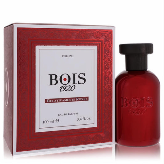 Relativamente Rosso by Bois 1920. Bold 3.4 oz red perfume bottle with black cap and ornate matching gift box.