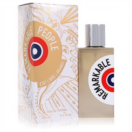 Remarkable People 3.4 oz EDP by Etat Libre D'Orange. Clear bottle, silver cap, red, white, blue target label, and elegant gold-patterned box.