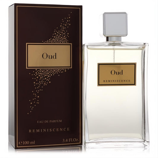 Elegant Reminiscence Oud 3.4 oz Eau De Parfum. Clear glass bottle, dark brown box with gold starburst design.