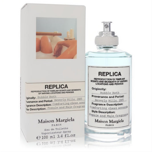 Maison Margiela Replica Bubble Bath 3.4 oz EDT. Iconic clear blue glass bottle, silver cap, and elegant white box.