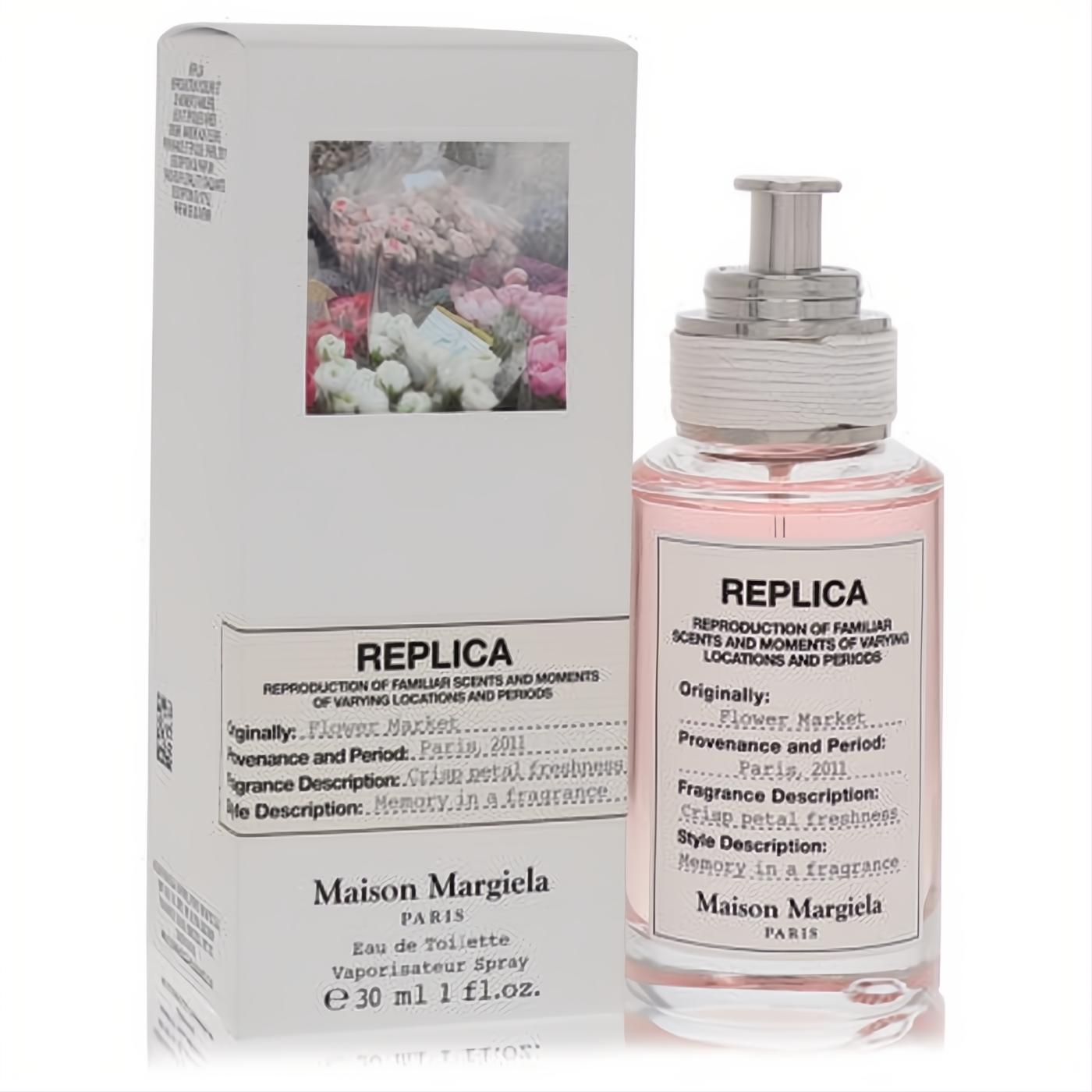 Iconic Maison Margiela Replica Flower Market 1 oz EDT spray, featuring a clear glass bottle with delicate pink liquid and a stylish white box.
