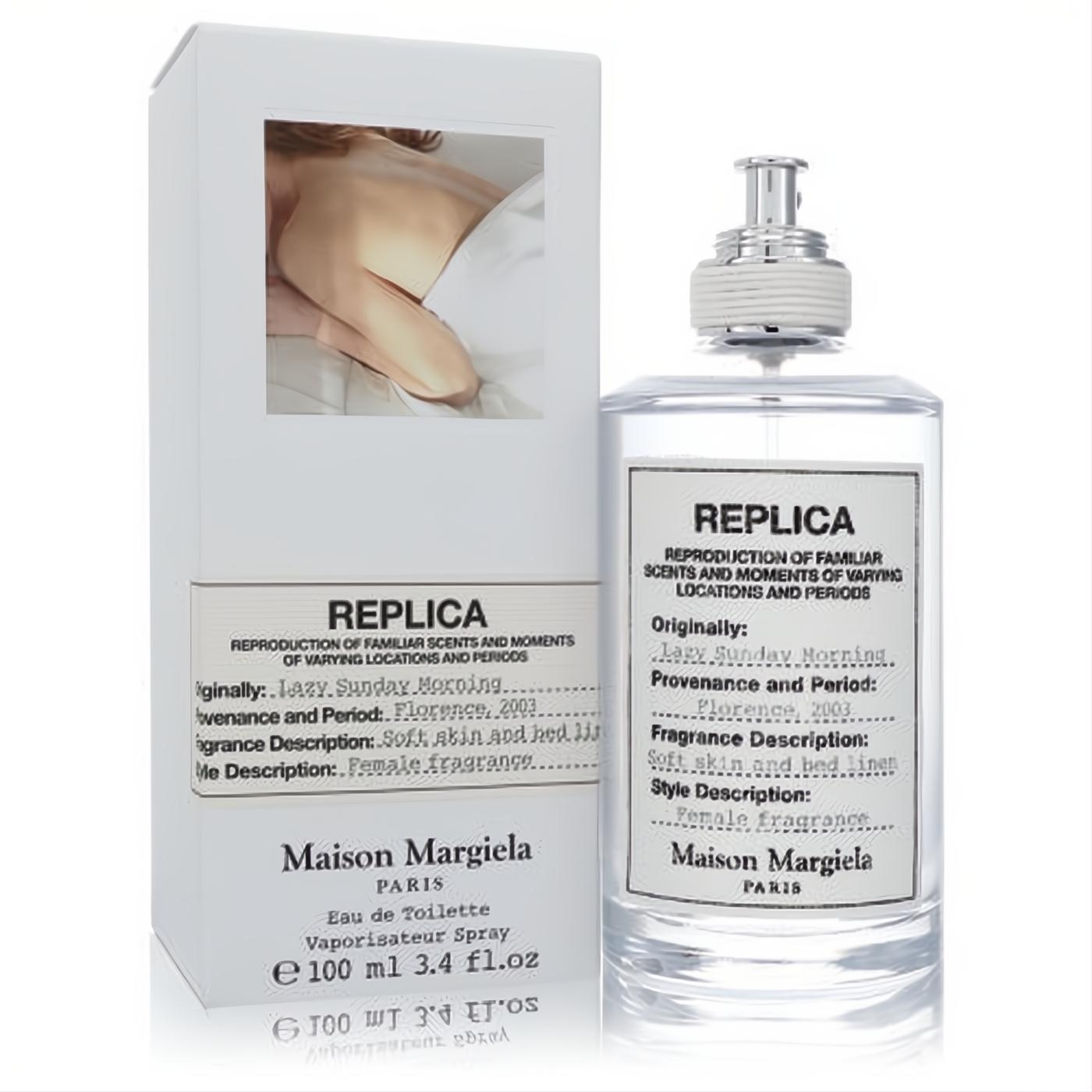 Maison Margiela Replica Lazy Sunday Morning 3.4 oz EDT. Clear glass bottle, silver cap, white label, and matching box.