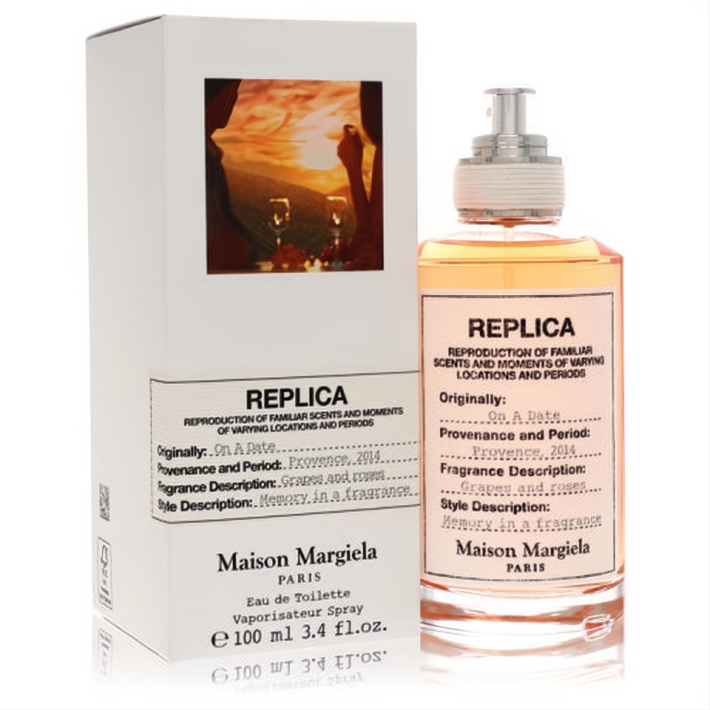 Maison Margiela Replica On A Date 3.4 oz EDT. Luxurious amber unisex fragrance in a clear bottle with a fabric label and white box.