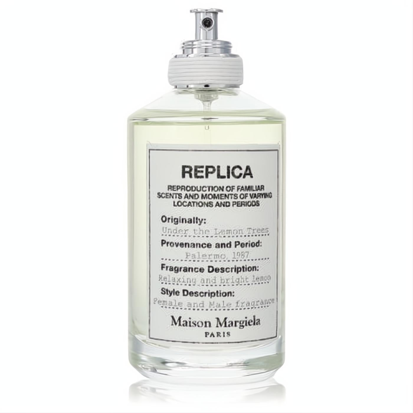 Elegant Maison Margiela Replica Under The Lemon Trees fragrance. Clear glass bottle, minimalist white label, sleek silver sprayer.