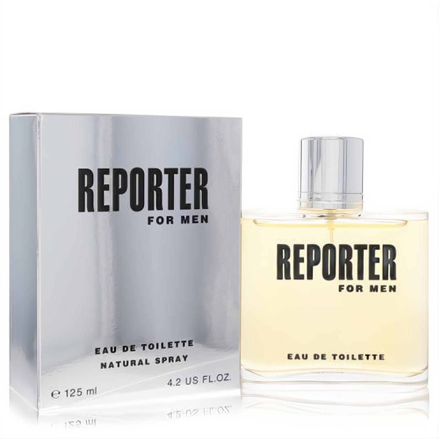 Reporter For Men 4.2 oz Eau De Toilette. Sleek clear glass bottle with warm amber fragrance, silver cap, and matching metallic silver box.