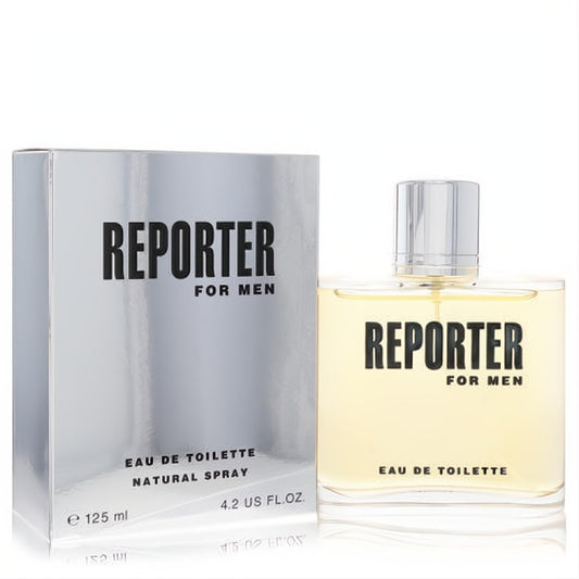 Reporter For Men 4.2 oz Eau De Toilette. Sleek clear glass bottle with warm amber fragrance, silver cap, and matching metallic silver box.