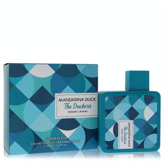 Mandarina Duck Resort Lovers 3.4 oz EDT. Striking teal geometric bottle & box, evoking a fresh, aquatic escape.