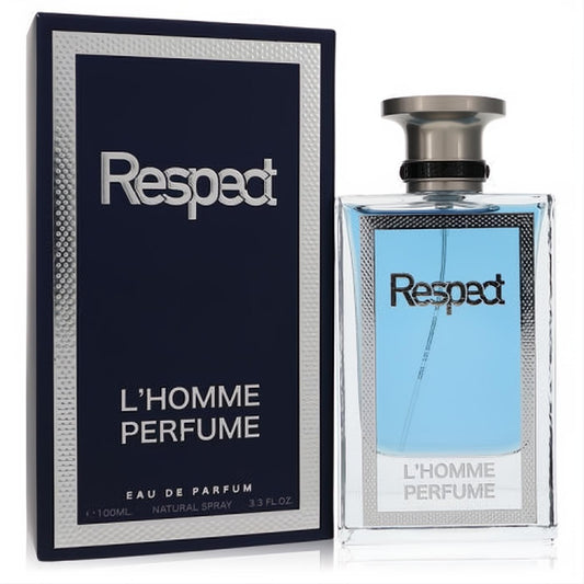 KianEau Respect L'homme 3.3 oz men's cologne. Elegant dark blue box, sleek clear bottle with refreshing blue fragrance and silver cap.