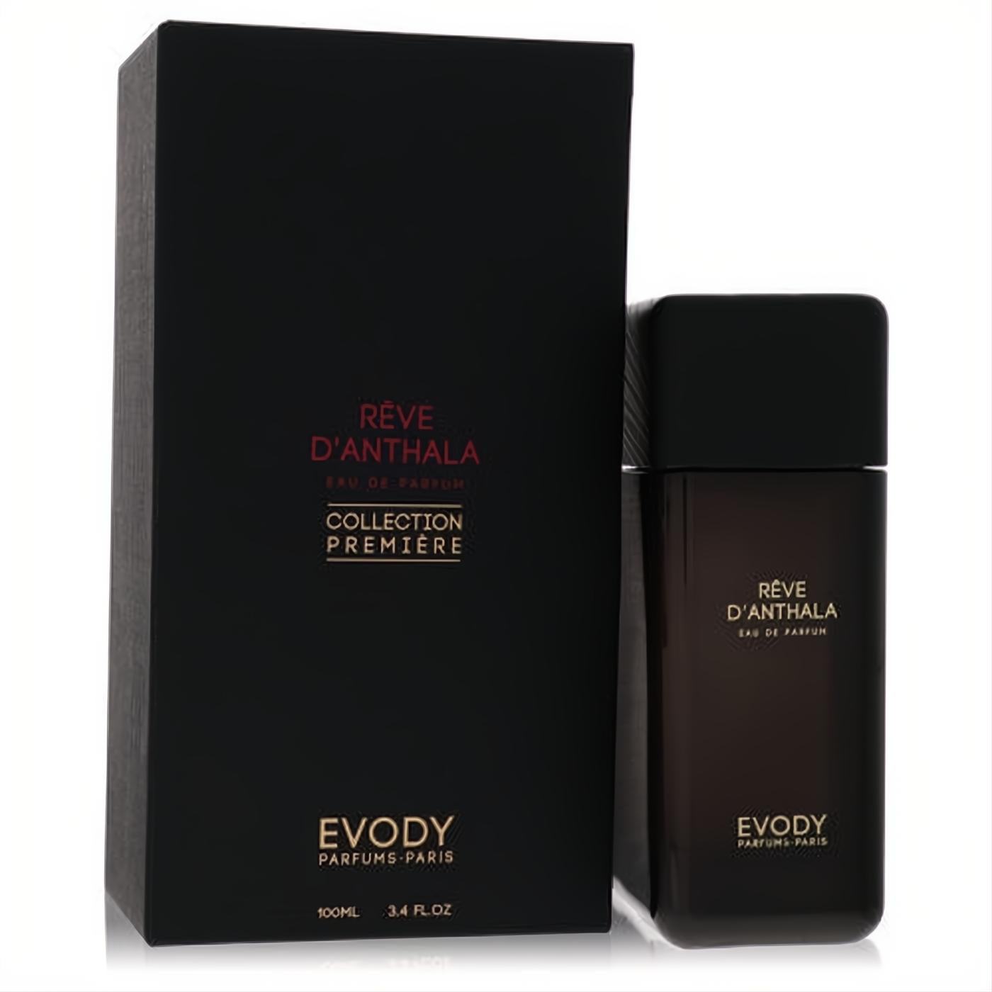 Luxurious Reve D'anthala Evody Parfums 3.4 oz EDP in a sleek dark brown glass bottle with gold text and black box.