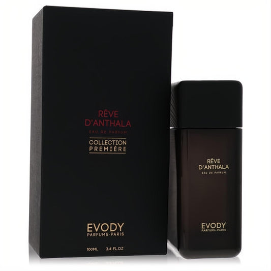 Luxurious Reve D'anthala Evody Parfums 3.4 oz EDP in a sleek dark brown glass bottle with gold text and black box.