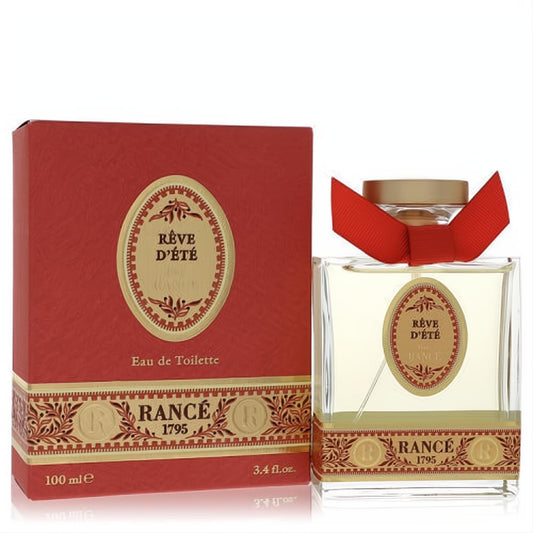 Luxurious Rance Reve D'ete 3.4 oz EDT spray. Clear bottle with gold cap, red ribbon, and elegant red & gold box.