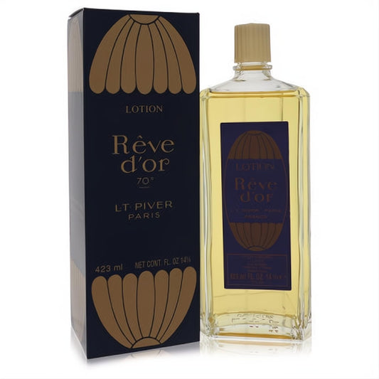 Captivating Reve D'or by Piver 14.25 oz cologne splash in a clear glass bottle with golden liquid and elegant dark blue & gold packaging.