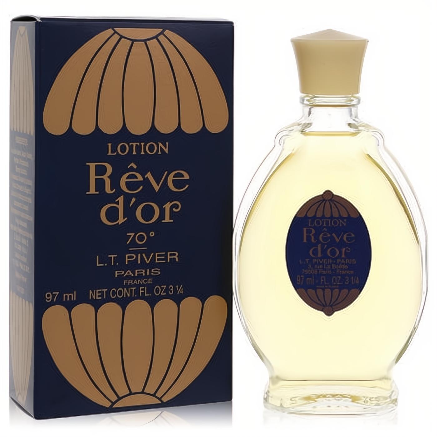 Sophisticated Reve D'or by Piver 3.25 oz cologne splash. Clear glass bottle, gold cap, and elegant dark blue & gold box.