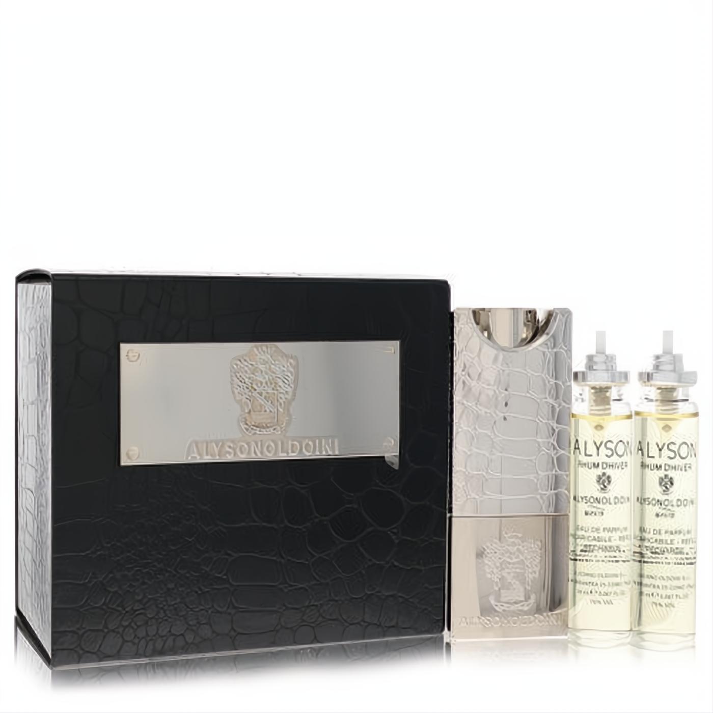 Elegant Alyson Oldoini Rhum D'hiver EDP set: black crocodile-embossed box, sleek silver atomizer, and three 20ml refills.