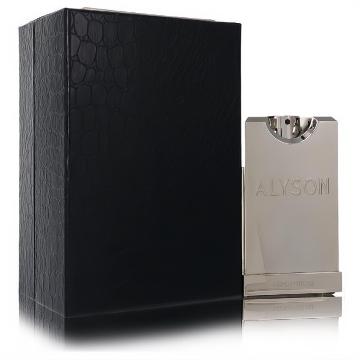 Elegant Alyson Oldoini Rhum D'hiver 3.3 oz EDP in a sleek silver chrome bottle, presented with a black crocodile-textured box.