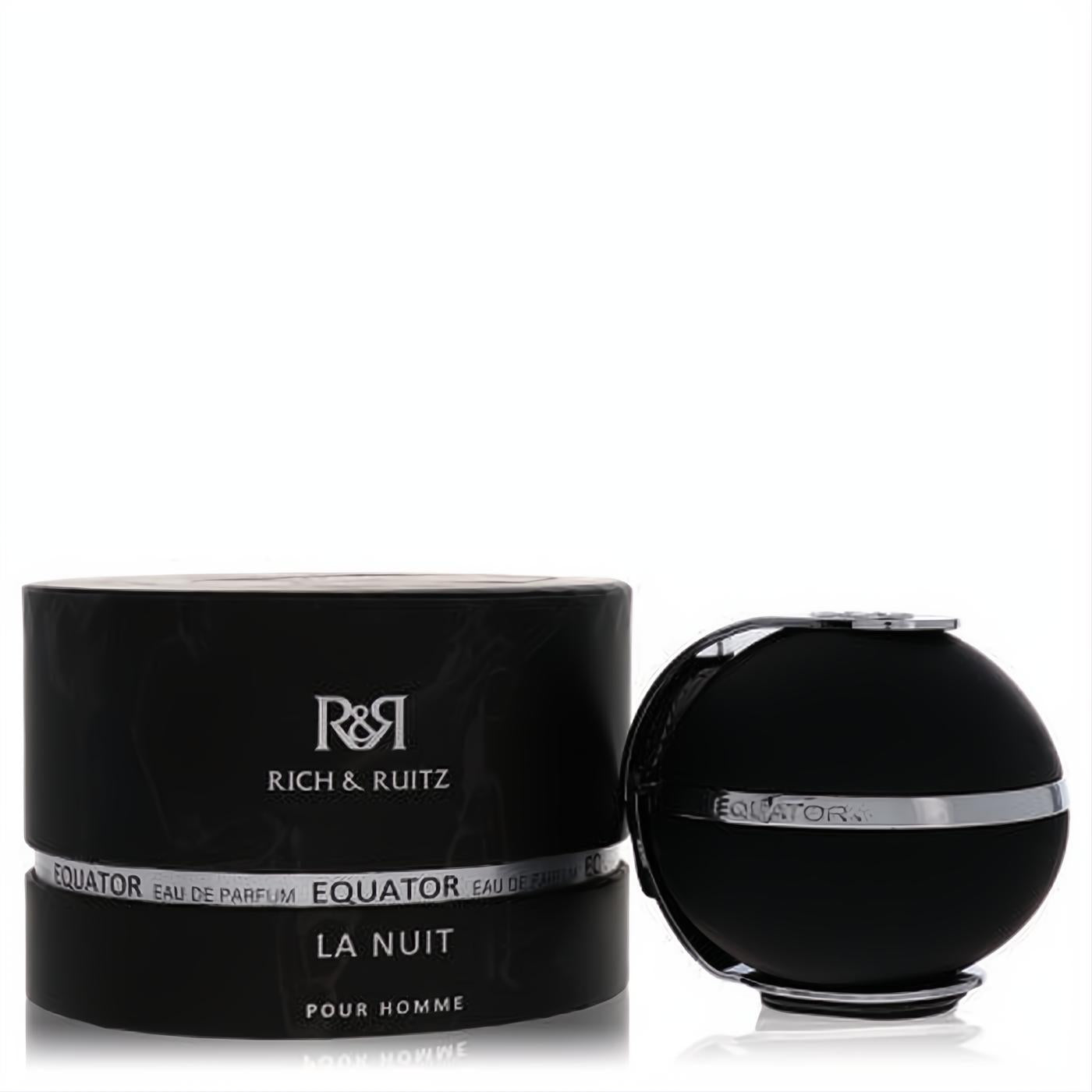 Discover Rich & Ruitz Equator La Nuit 3.33 oz men's EDP. Features a sleek black spherical bottle with silver accents and matching box.