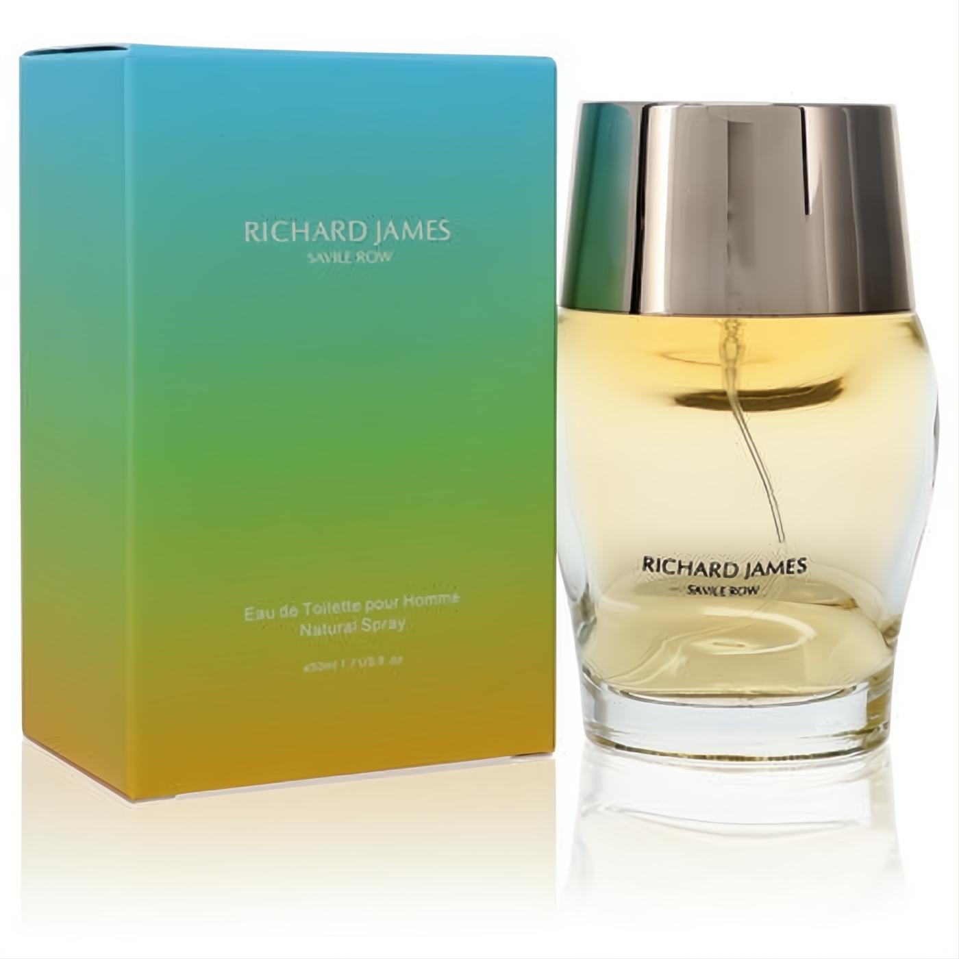 Richard James Savile Row 1.7 oz EDT spray. Elegant clear glass bottle with silver cap next to a vibrant blue-green-yellow gradient box.