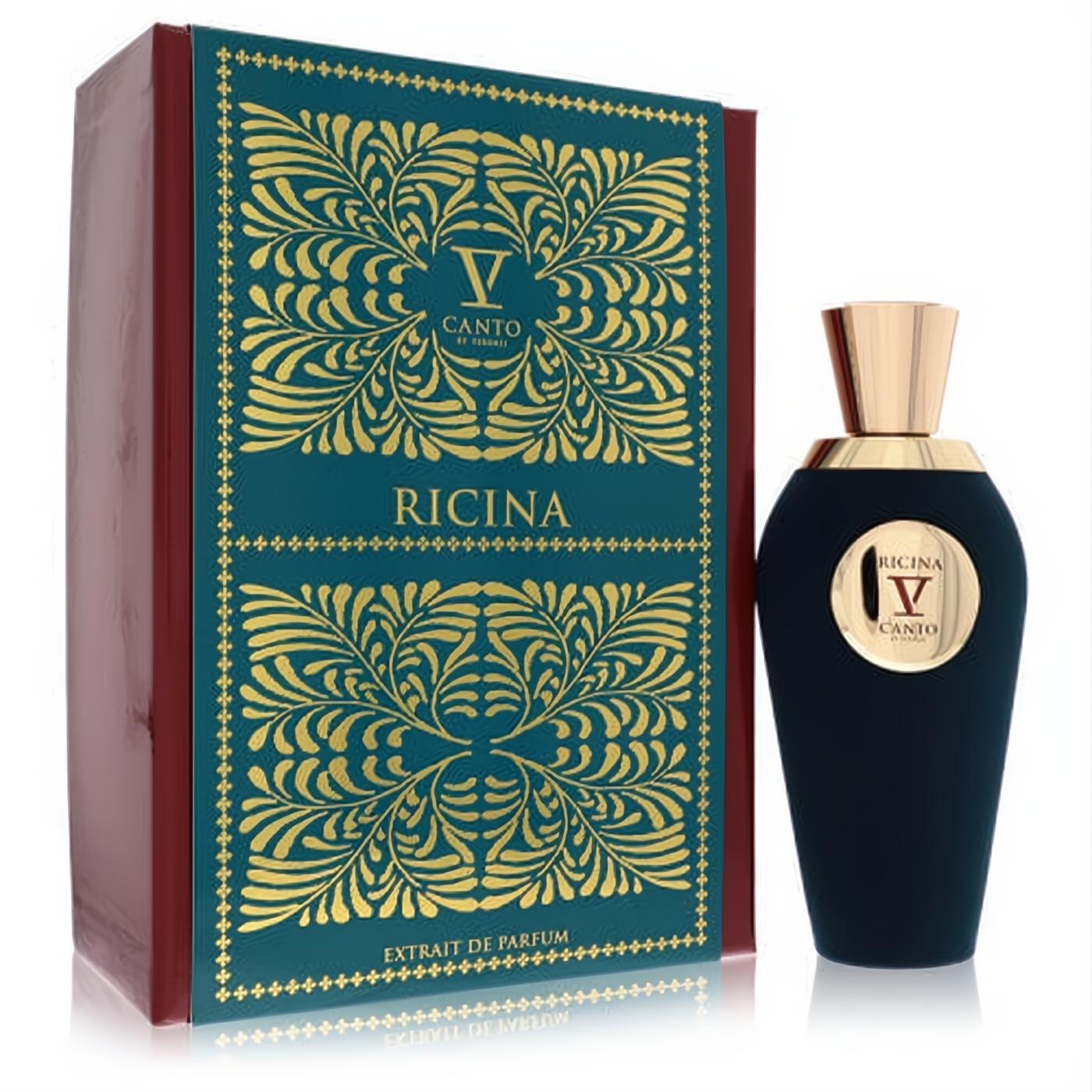 Ricina V Canto Extrait De Parfum: elegant dark blue bottle, gleaming gold cap, beside a rich teal box with intricate gold designs.