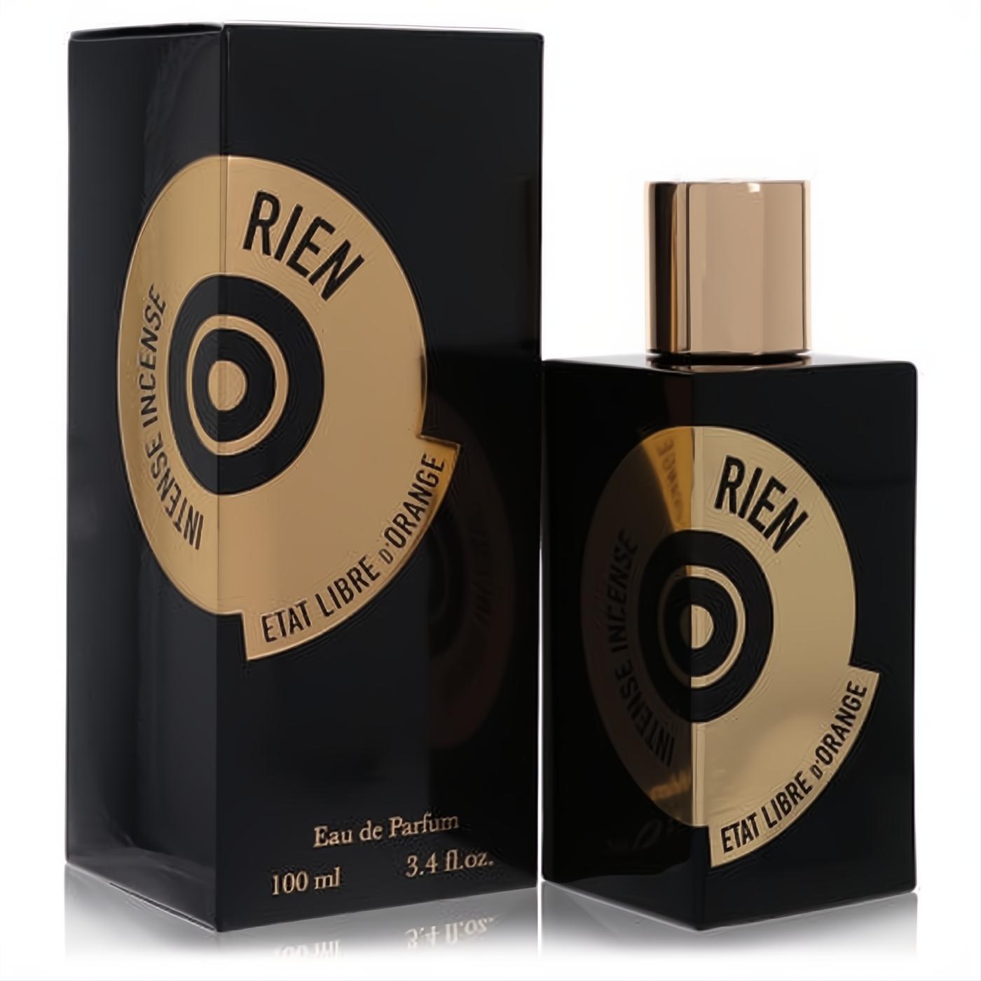 Luxurious black Rien Intense Incense 3.4 oz unisex EDP bottle and box with a distinctive gold circular label and cap.