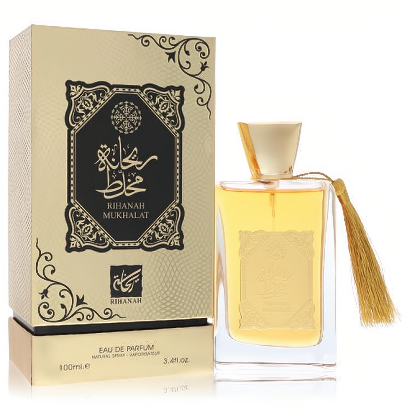 Luxurious Rihanah Mukhalat unisex Eau De Parfum spray, 3.4 oz, in a clear bottle with gold accents and an elegant gold and black box.