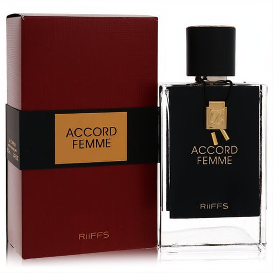 Elegant Riiffs Accord Femme perfume. Clear bottle with sleek black and gold label, beside a rich red box.