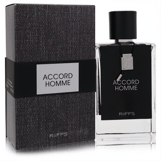 Experience Riiffs Accord Homme 3.4 oz EDP. Elegant black textured box and clear glass bottle with a distinctive silver charm.