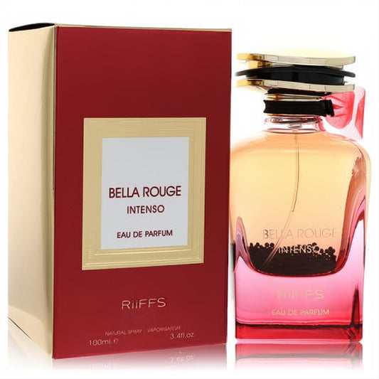 Riiffs Bella Rouge Intenso 3.4 oz EDP. Stunning ombre pink-orange bottle, gold cap, red ribbon, and luxurious red-gold packaging.