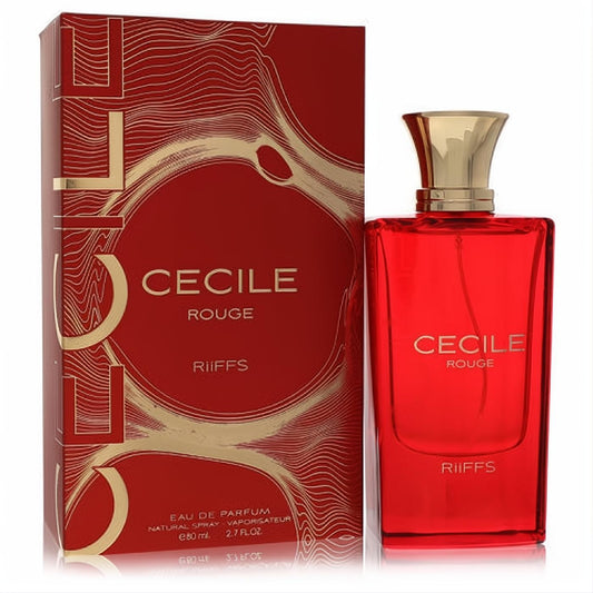 Riiffs Cecile Rouge 2.7 oz women's perfume. Bold red bottle, luxurious gold cap, and elegant matching red and gold patterned box.