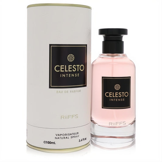 Luxurious Riiffs Celesto Intense 3.4 oz women's perfume in a chic pink glass bottle with black cap, next to its elegant white and gold box.