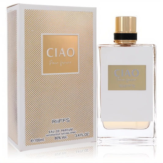 Experience Riiffs Ciao Pour Femme 3.4 oz EDP. Elegant white and gold bottle and textured box for a luxurious fragrance.