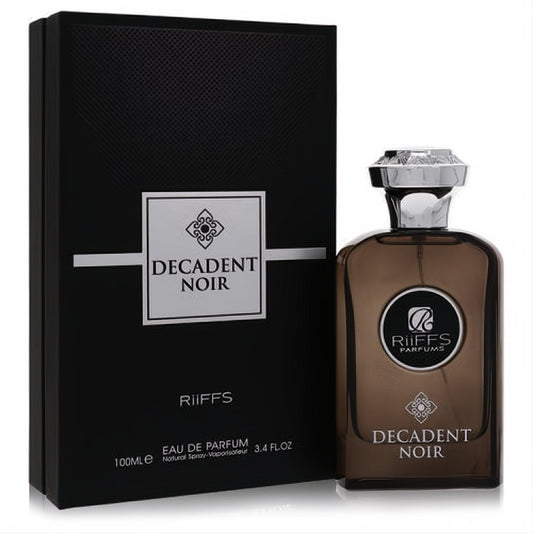 Luxurious Riiffs Decadent Noir 3.4 oz men's EDP with sleek black box and sophisticated dark brown glass bottle.