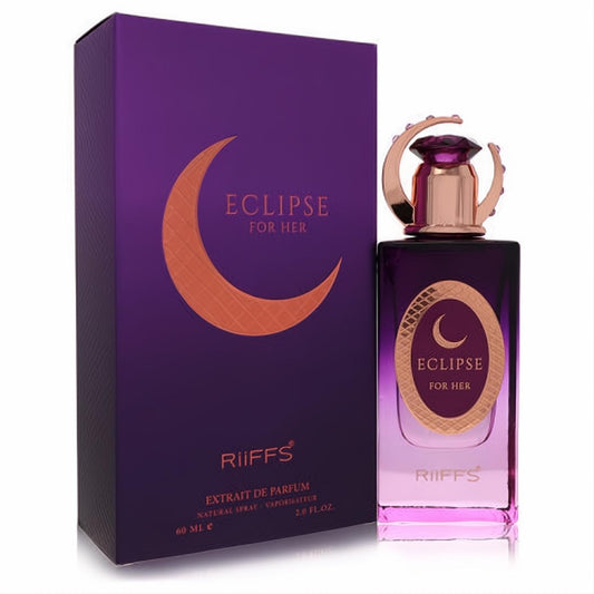 Riiffs Eclipse Extrait De Parfum 2.0 oz. Captivating purple bottle, unique rose gold crescent moon cap, and elegant matching box.