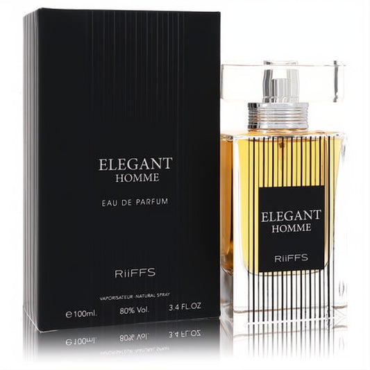 Riiffs Elegant Homme 3.4 oz Eau De Parfum. Elegant clear glass bottle with amber liquid, silver accents, and bold black packaging.