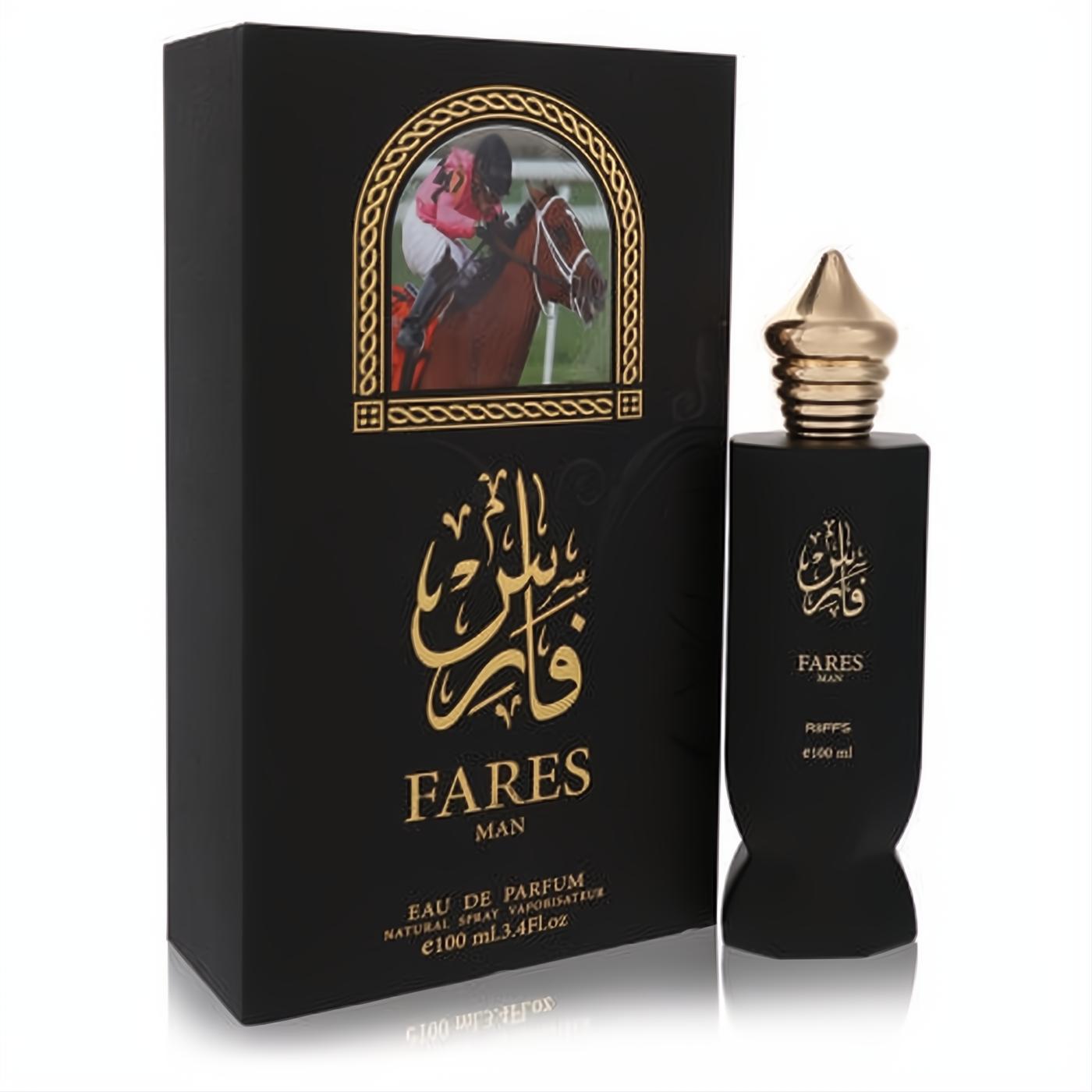 Riiffs Fares 3.4 oz men's EDP. Sleek black bottle with a gold cap and Arabic script, paired with its luxurious box depicting a horse race.