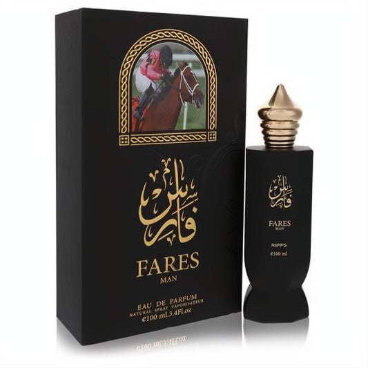 Riiffs Fares 3.4 oz men's EDP. Sleek black bottle with a gold cap and Arabic script, paired with its luxurious box depicting a horse race.