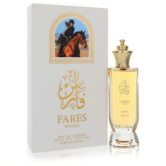 Exquisite Riiffs Fares 3.4 oz women's EDP. Golden-capped amber bottle with faceted base, beside its white equestrian box.