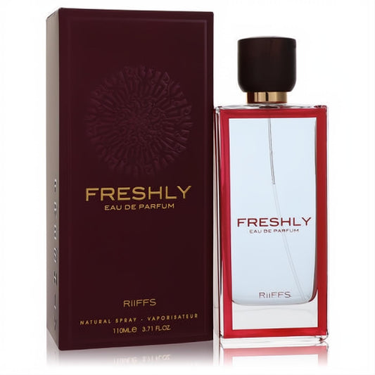 Riiffs Freshly women's Eau De Parfum, 3.71 oz. Elegant clear glass bottle with striking red frame and luxurious burgundy box.