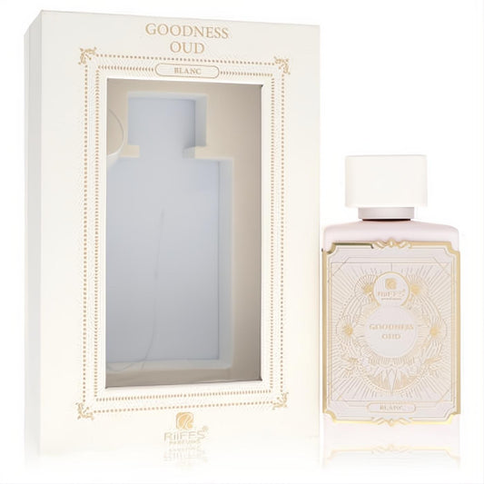 Discover Riiffs Goodness Oud Blanc 3.4 oz unisex EDP. Elegant white bottle with ornate gold label and matching luxury box.