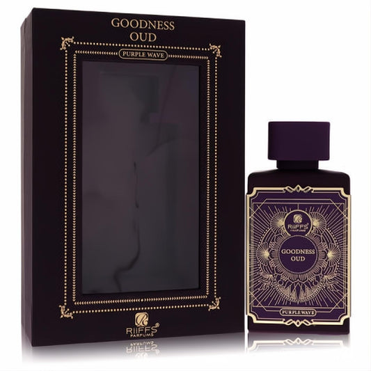 Stunning Riiffs Goodness Oud Purple Wave 3.4 oz unisex EDP bottle with ornate gold label and elegant dark purple gift box.