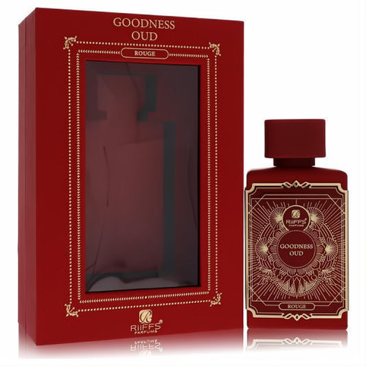 Riiffs Goodness Oud Rouge unisex perfume. Bold red bottle with intricate gold design, alongside its luxurious matching box.