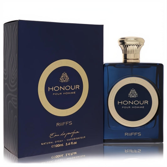 Elevate your scent with Riiffs Honour Pour Homme 3.4 oz EDP. Luxurious navy blue glass bottle, gold cap, and matching elegant box.