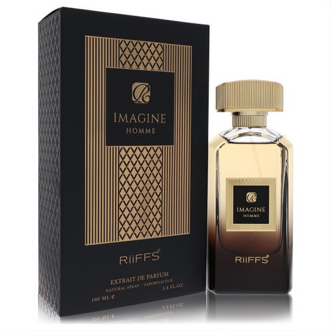 Riiffs Imagine Homme 3.4 oz Extrait De Parfum. Elegant black and gold box, amber bottle with a textured gold cap.