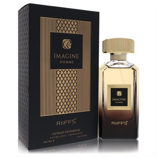 Riiffs Imagine Homme 3.4 oz Extrait De Parfum. Elegant black and gold box, amber bottle with a textured gold cap.