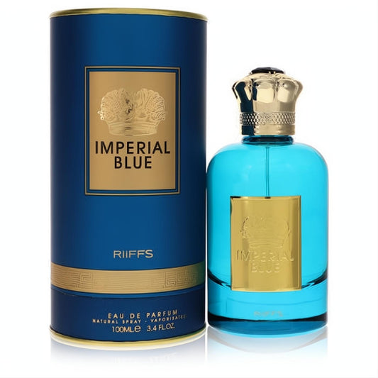 Riiffs Imperial Blue 3.4 oz men's cologne. Vibrant blue glass bottle, regal gold crown cap, and elegant royal blue cylindrical box.