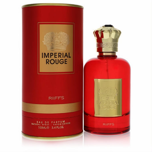 Luxurious Riiffs Imperial Rouge 3.4 oz women's perfume. Bold red glass bottle, regal gold crown cap, and matching cylindrical box.