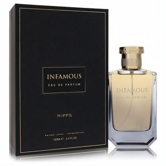 Experience Riiffs Infamous 3.4 oz men's cologne. Luxurious gold fragrance in a faceted glass bottle with a sleek black and gold gift box.