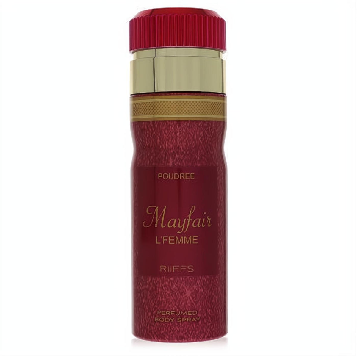 Luxurious Riiffs Mayfair L'femme perfumed body spray. Rich red can, elegant gold accents, and a vibrant red ribbed cap.