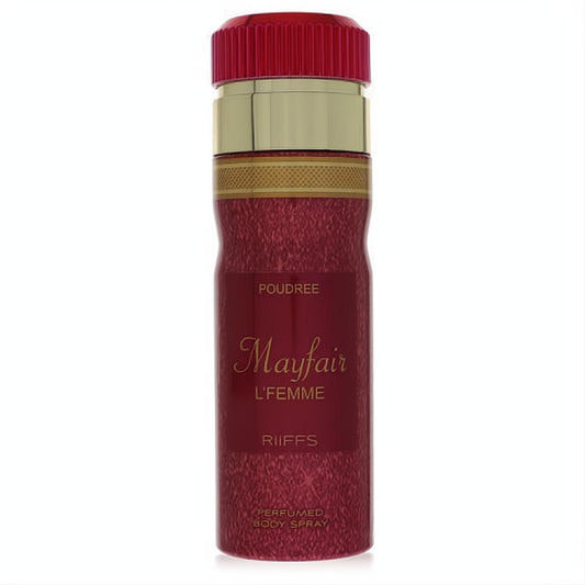 Luxurious Riiffs Mayfair L'femme perfumed body spray. Rich red can, elegant gold accents, and a vibrant red ribbed cap.